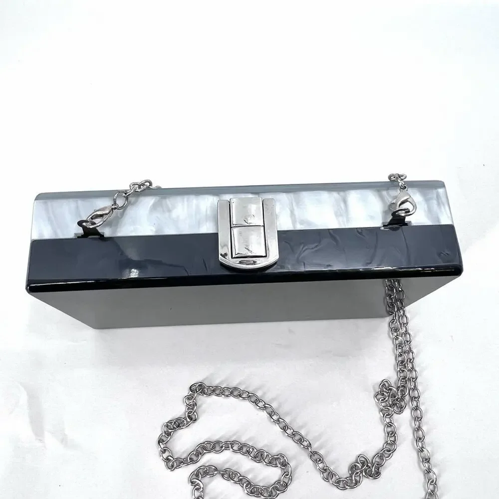 Kate Landry Silver & Black Pearly Lucite Box Clutch Cross Body Evening Handbag